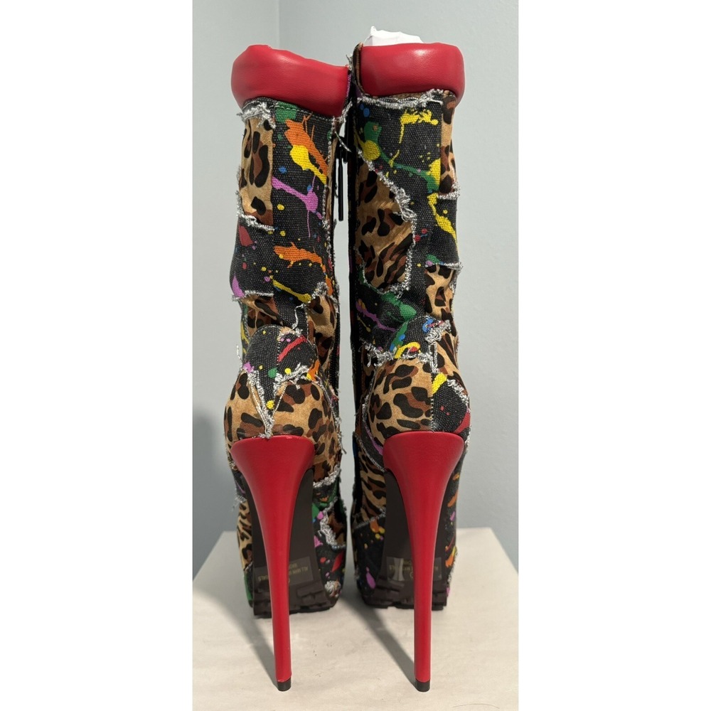 Alba Womens Printed D-Ring Lace Up Stiletto Pointy Mid Calf Platform Booties 7 - Picture 2 of 10